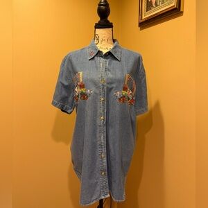 Faded Glory Denim Button Front Shirt 14W 16W Embroidered Cats Cottagecore
